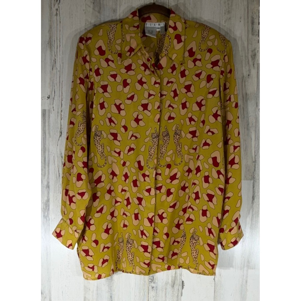 Piano Silk Button Up Blouse Mustard Burgundy Leopard Animal Print Vintage Career